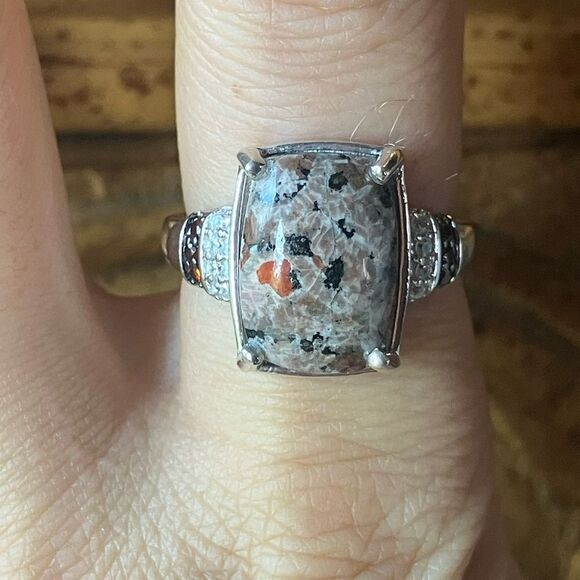 Natural Yooperlite Red Garnet Sterling Silver Ring Size 8 - Picture 1 of 10